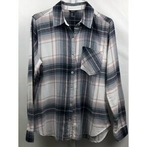 Forever 21 Flannel Shirt Women M Blue Pink Plaid Button Up Long Sleeves Pocket